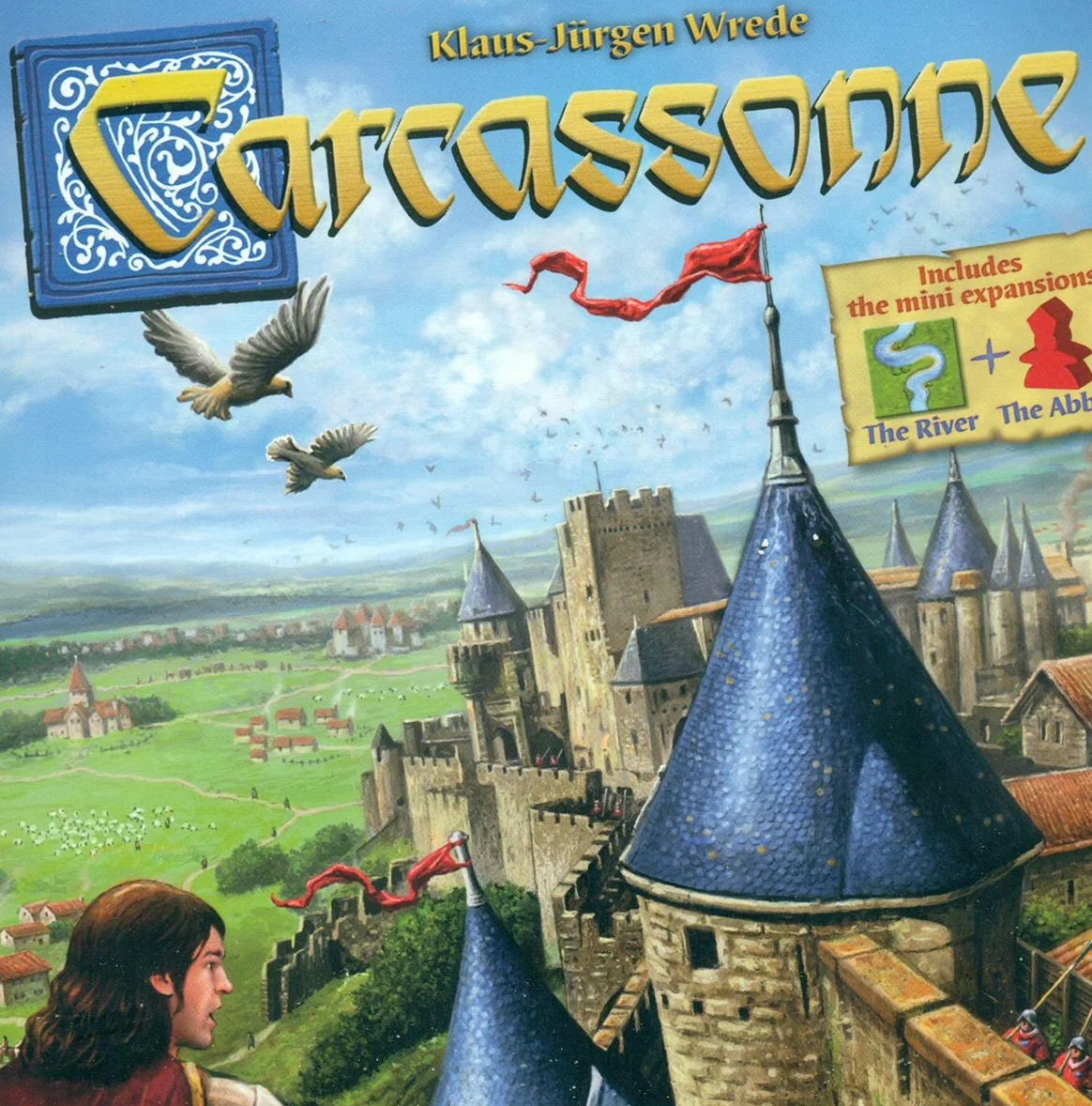 De omslag van het bordspel Carcassonne met een afbeelding van een middeleeuws kasteel, een man in harnas en een meisje op de voorgrond