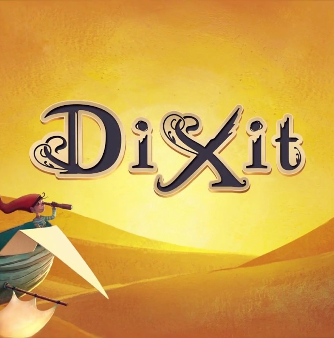 Het logo van het spel Dixit tegen de achtergrond van een gele zonsondergang en een sprookjesachtig schip met papieren zeilen dat door de lucht vliegt